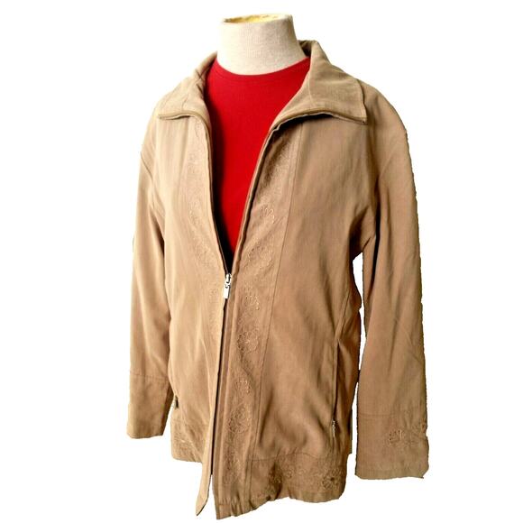 London Fog All Weather Suede Brown Embroidered Jacket Drawstring Zipper Med - Picture 1 of 12